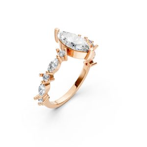18K Gold Marquise Cut Center Stone Ring with Alternating Round and Marquise Gemstone Band Setting Unique Luxe Statement