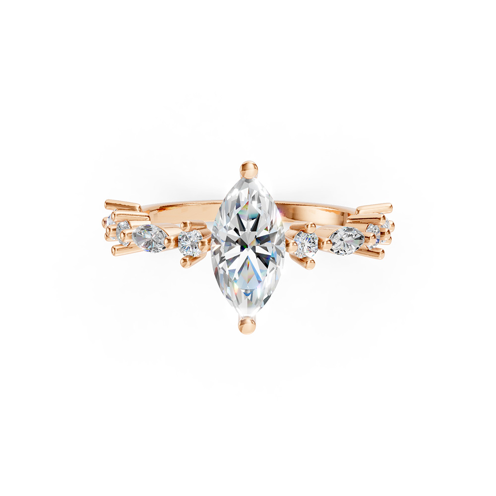 18K Gold Marquise Cut Center Stone Ring with Alternating Round and Marquise Gemstone Band Setting Unique Luxe Statement - Image 2