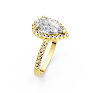 18K Gold Pear Cut Center Stone Ring with Round Gemstone Accents on Band Classic Jewelry